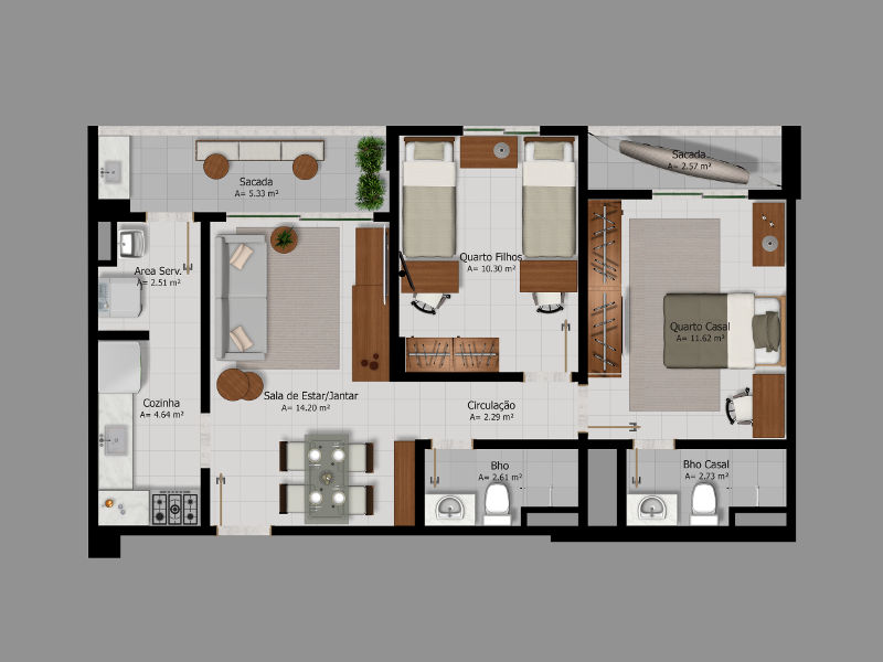 planta 60 m quadrados de 2 quartos com suite e varanda 01