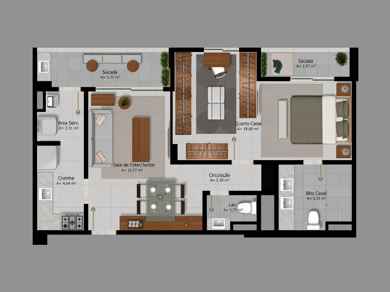 planta 60 m quadrados de 2 quartos com suite e varanda 02